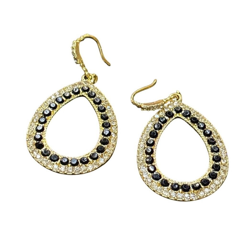 Gold-Toned Teardrop Earrings With Black & Clear Gemstone Accents
